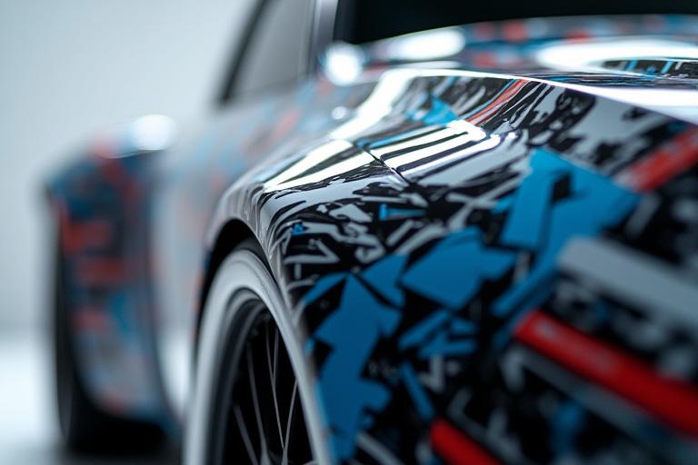 抽象的な幾何学模様と鋭いラインが特徴の現代的なカラーリングのディテール